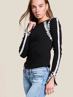 Free People Lost Love Top Black Combo Ribbed Cotton Lace Trim Small